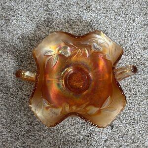 Vintage Fenton Carnival Glass Handled Candy Dish Strawberry Sprigs Marigold
